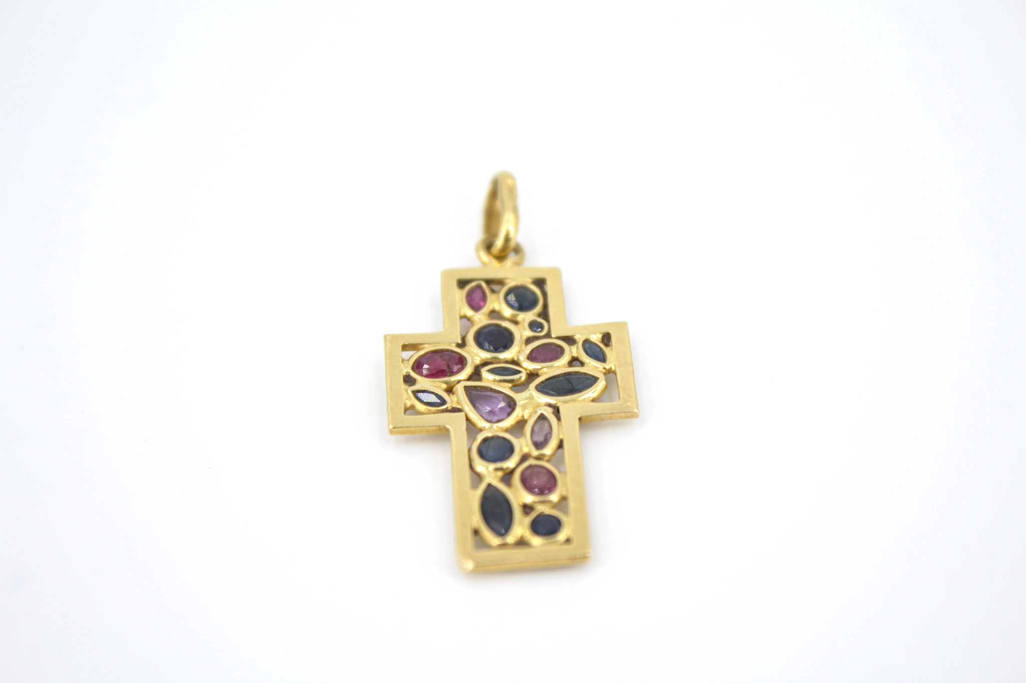 Colgante cruz de oro 18K con piedras de color — vista alternativa