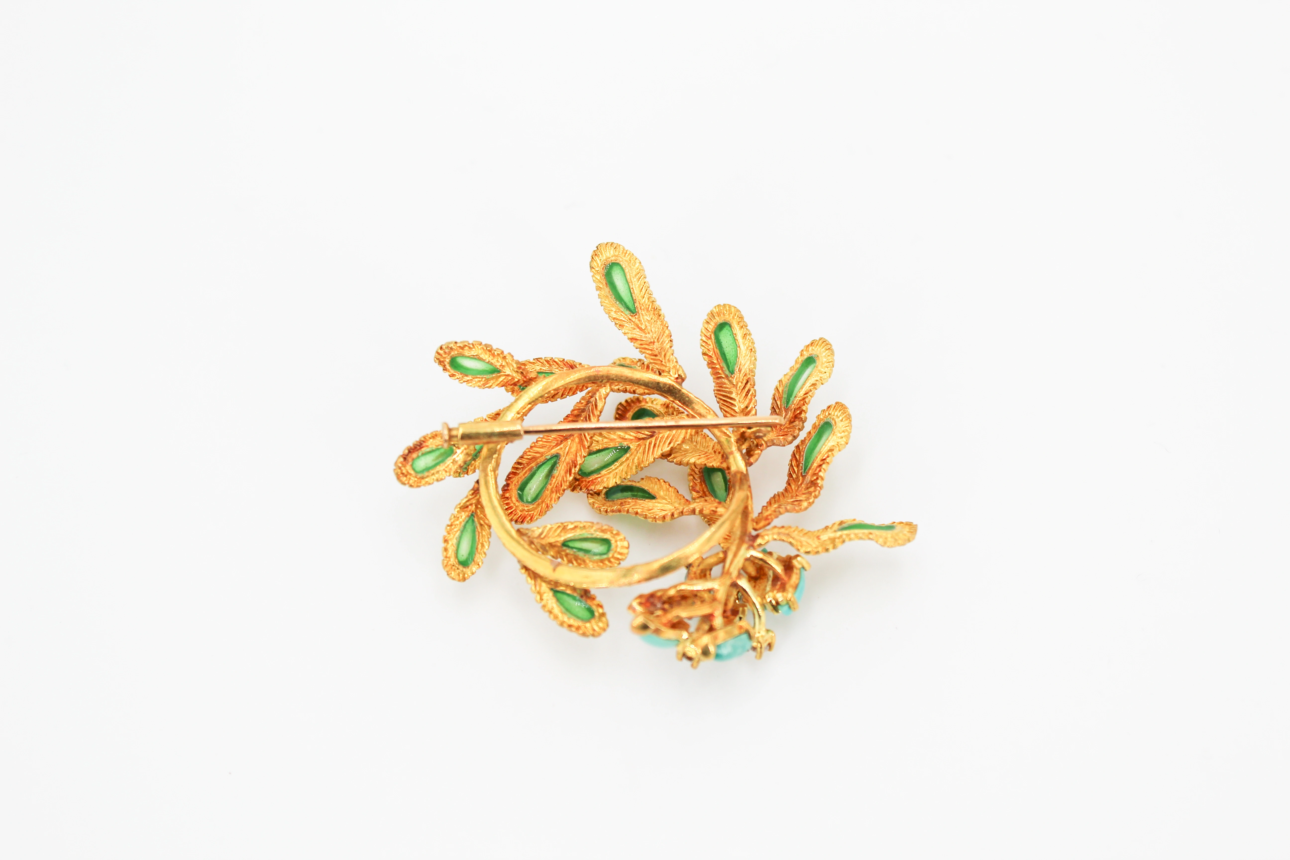 Broche de oro de 18k con diseño floral y piedras de turquesa — vista alternativa