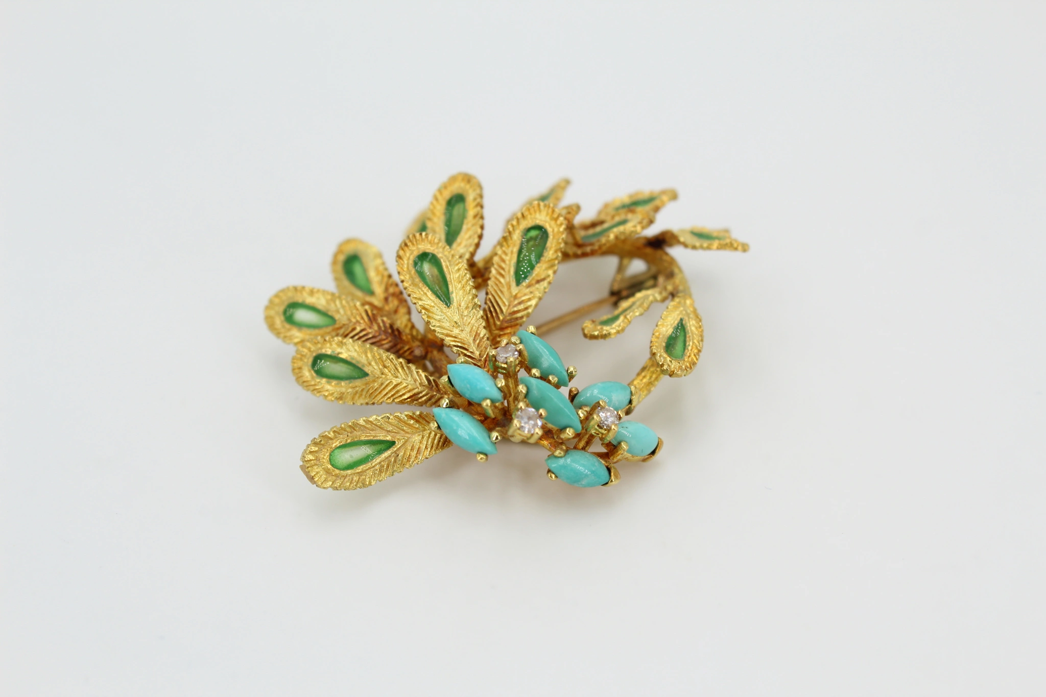 Broche de oro de 18k con diseño floral y piedras de turquesa — foto 3